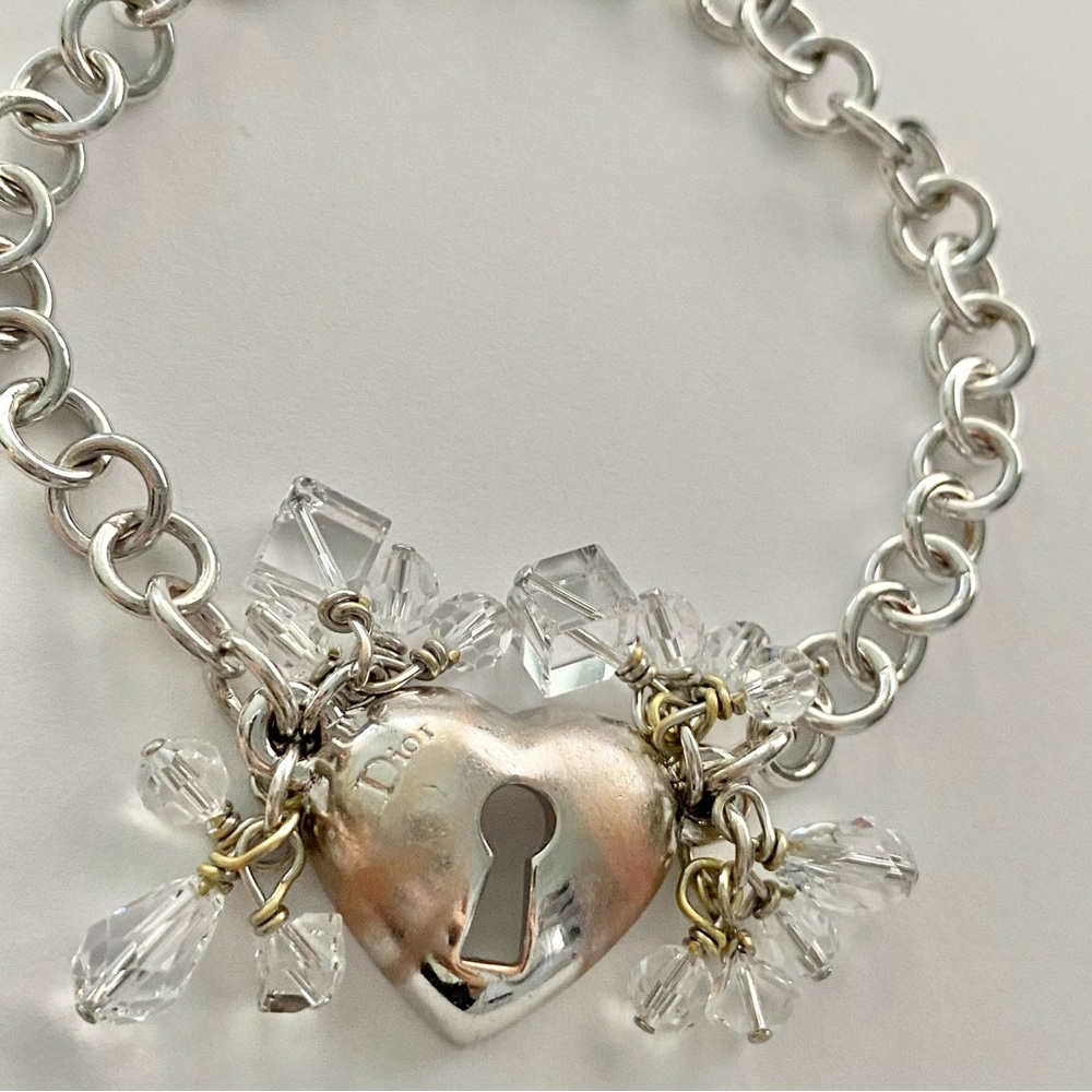 AUTH VTG Christian Dior Silver Chain Link Crystal Bead Heart Lock Charm Bracelet - Picture 7 of 13